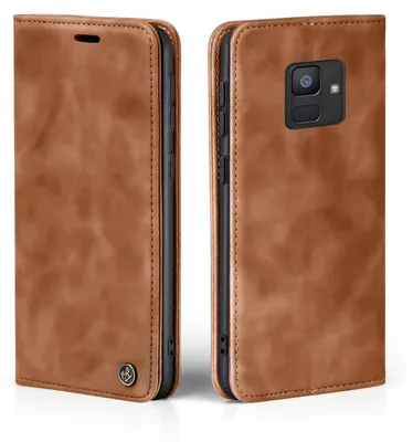 A brown leather flip case for a smartphone is shown from two angles, front and back.