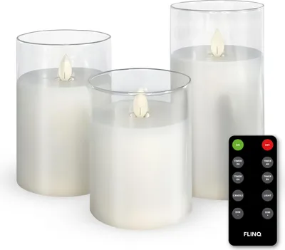 Produktbild von FlinQ LED-Kerzen mit beweglicher Flamme im Smoke-Glas – inkl. Fernbedienung mit Timer & Dimmfunktion – Stabkerzen – 3er-Set – Transparent