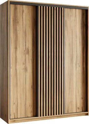 Produktbild von Masseno Schiebetürenschrank VONTE 150/205/60 cm Kleiderschrank mit Lamellen und Schubladen Schlafzimmer Schrank 3-türig Eiche Wotan + Schwarz