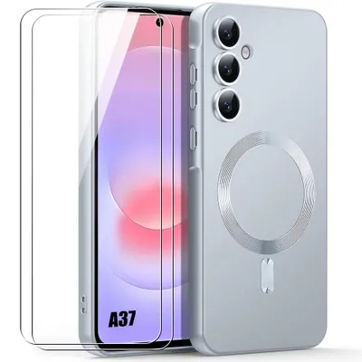 Image de Coque + 2 Verres Trempés pour Samsung Galaxy A37 5G, Silicone avec Cercle Magnétique Argenté