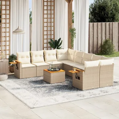Produktbild von Design 9-tlg. Garten-Sofagarnitur mit Kissen Beige Poly Rattan, Gartenmöbel-Sets 2024 Neu