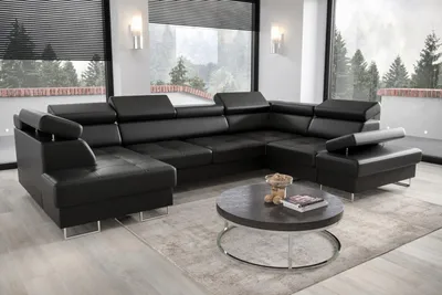 Produktbild von Ecksofa Galaxy Max II U-Form mit Schlaffunktion & Bettkästen, verstellbaren Kopfstützen & Armlehne – Stoff Madrit, Schwarz - Rechts