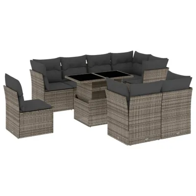 Immagine prodotto di vidaXL Set di divani da giardino 9 pezzi con cuscini in polirattan grigio