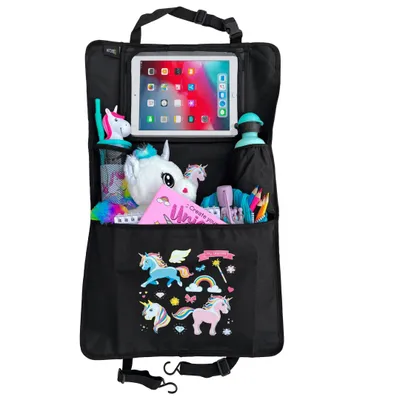 Immagine prodotto di Organizzatore per sedili posteriori dell'auto HECKBO con borsa regolabile per tablet fino a 20 pollici con pellicola touch - con stampa unicorno - misura universale - inclusa borsa termica + borsa a rete elastica - lavabile