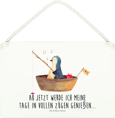 Produktbild von Mr. & Mrs. Panda Schild Pinguin Angelboot DIN A4 - Weiß - Geschenk, hängeschild, Holzschild, holzbild, Türschild, Liebeskummer, Optimistisch, Angeln, Wandbild Holz, Boot