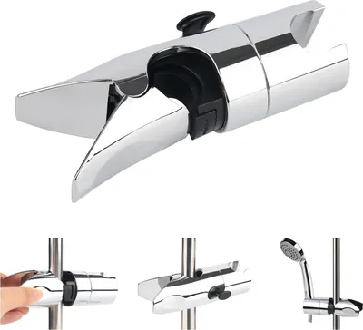 A chrome shower head holder mounted on a shower rod, with smaller images showing its use and attachment.