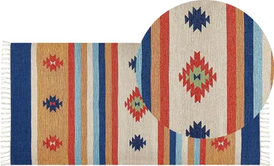 Produktbild von BELIANI Kelim-Teppich Mehrfarbig Baumwolle 80 x 150 cm mit Fransen Geometrischem Muster Handgewebt Zweiseitig Läufer Modern Wohnzimmer Schlafzimmer
