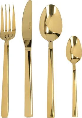 A set of gold-colored cutlery, including a fork, knife, and two spoons, arranged vertically against a white background.