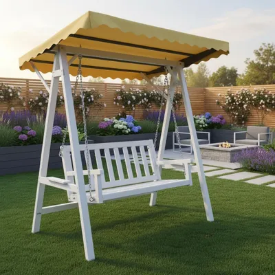 Produktbild von Hollywoodschaukel Weiß/Grau Holz Gartenbank Outdoormöbel Hängeliege Sonnendach