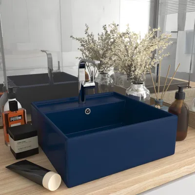 Image de vidaXL Vasque de luxe à débordement Carré mat Bleu foncé 41x41 cm