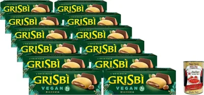 Produktbild von Grisbì Vegan Gianduia - Vegane Pasta -Kekse, mit weicher Gianduia -Creme gefüllt, ideal für jeden gut dienenden Pausenmoment, 12 Packungen mit 9 Keksen, 1.620 g + Italian Gourmet polpa 400g