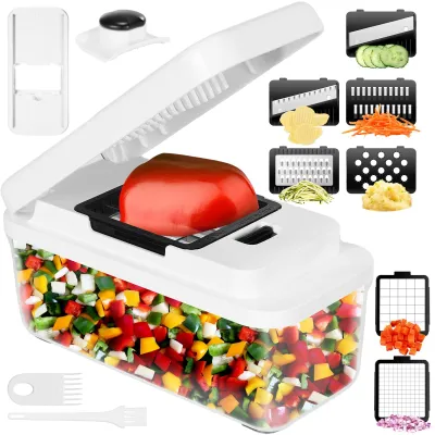 Produktbild von Gemüseschneider, Mandoline Gemüsehobel, Gurkenhobel Zwiebelschneider, 12 in 1 Multifunktionaler Gemüse Zerkleinerer, Reibe für Gemüse mit 7 Austauschbare Klingen für Karotte, Kartoffel, Gurke