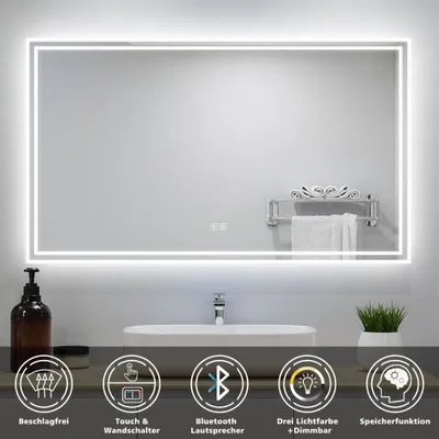 Produktbild von AICA LED Badspiegel 100x60cm Touch/Wandschalter Bluetooth Beschlagfrei Badezimmerspiegel 3 Lichtfarbe Dimmbar Memory-Funktion