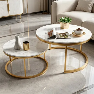 Zdjęcie produktu dla INONEFT, zestaw dwóch stolików kawowych, okrągły kształt, nowoczesny design, stoliki do salonu i stoliki boczne, okrągłe, o średnicy 80 cm i 60 cm, wygląd marmuru z metalową podstawą, kolor biały i złoty