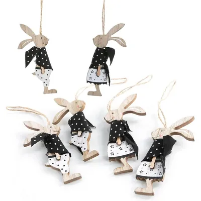 Produktbild von 6 Osterhasen Anhänger aus Holz Natur schwarz weiß Hasenjunge + Hasenmädchen