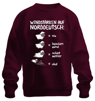 Productafbeelding van Windsterkte, Noord-Duits, slecht weer, schapen, Plattdeutsch (dialect), spreekwoord, uni sweatshirt, trui, bordeauxrood, maat M