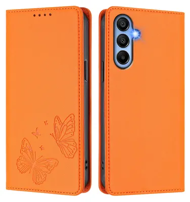 Produktbild von Lederhülle für Samsung Galaxy A15 5G/4G, Schmetterling Prägung Leder Brieftasche Schutzhülle mit Ständer Orange