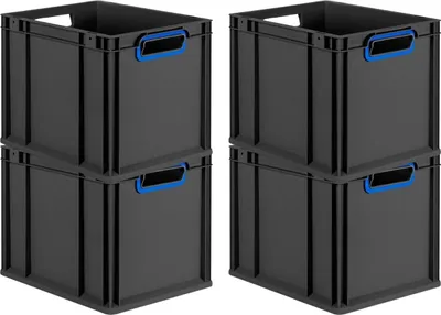Immagine prodotto di SuperSparSet 4x Eurobox NextGen Color | HxLxP 32x30x40cm | 30 litri | maniglie blu aperte | nero | Eurocontenitore, contenitore per il trasporto, contenitore per il trasporto, contenitore impilabile