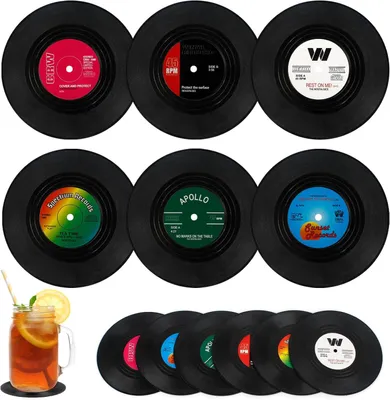 Produktbild von Glasuntersetzer – 12 Stück – Untersetzer im Stil von Schallplatten – Retro-Design – Getränkeuntersetzer – Runde Tassenuntersetzer – Isolierte Kaffeeuntersetzer