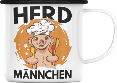 Produktbild von Trendation - Herd Männchen Koch Geschenk Emaille Tasse Sternekoch Geschenkidee Lustiger Spruch Sei Nett Zu Mir Ich Koche Dein Essen (Schwarz)
