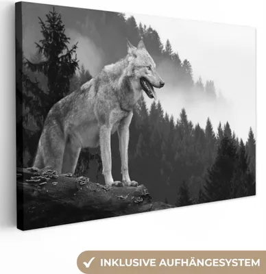 Produktbild von MuchoWow® - Leinwandbilder - Wolf - Wald - Schwarz - Weiß, Wandbild, Wanddeko Bilder Wohnzimmer, 120x80cm