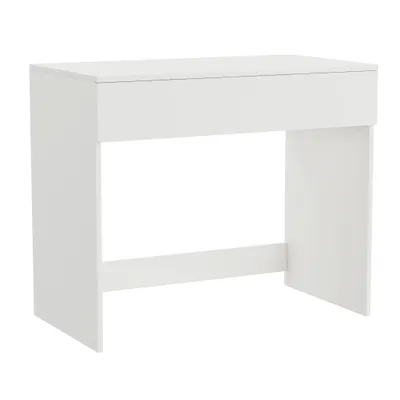 A white desk with a drawer is shown against a white background.