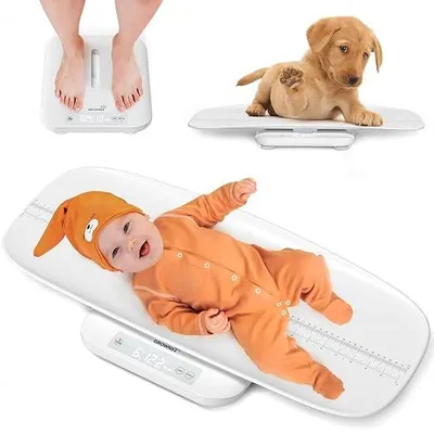 Produktbild von Babywaage mit Abnehmbarem Tablett – Multifunktionale Waage für Babys, geborene, Haustiere und Erwachsene bis 150 kg, mit Hold-Funktion, 70 cm Größenmessung, 5 Einheiten, LED-Anzeige