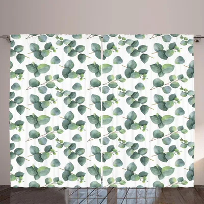 Image de Rideau ARANDE, motif aquarelle naturel feuilles d'eucalyptus répétitif, 280 x 260 cm, vert, marron clair, blanc