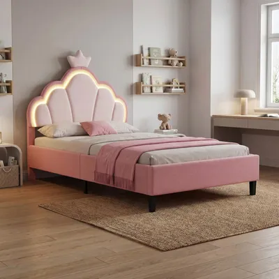 Obrázok produktu pre Detská posteľ ProximaX 90x200 cm v ružovo-bielej zamatovej farbe - dizajn koruny, svetelný pás LED a výškovo nastaviteľné čelo, pohodlné a štýlové jednolôžko