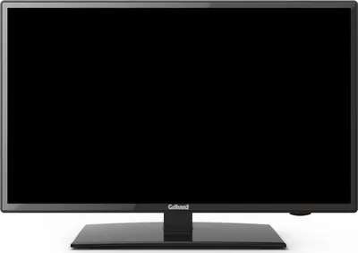 A black LED smart TV with a stand, shown from the front on a white background.
