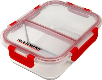Produktbild von Fackelmann Frischhaltebox mit Teiler 1050 ml, hochwertige Frischhaltedose, runde Vorratsdose, Glasdose mit Deckel, langlebige Brotdose mit 4-fach-Klick-Verschluss (Farbe: Transparent / Rot)
