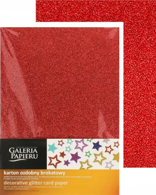 A sheet of red glitter card paper is shown, partially covered by plastic packaging. The bottom of the image displays branding and product information.
