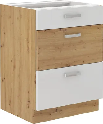Produktbild von Küchen Unterschrank 60 cm Eiche Artisan + Weiß Hochglanz Vollauszug Soft-Close