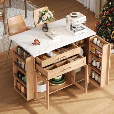 Imagen del producto de Isla de cocina plegable y con ruedas, de 120x45(70) cm, carro de cocina móvil de color natural, con cajones y estante para especias, ideal para almacenamiento en la cocina