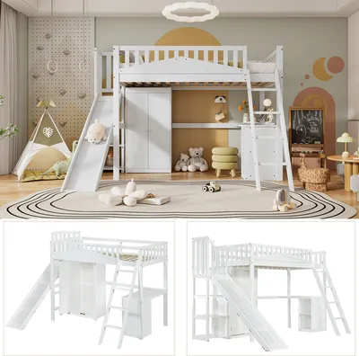 Produktbild von Etagenbett, Kinderbett, mit Fallschutzgitter, mit Tisch und Kleiderschrank, Reichlich Stauraum, Mit vierstufiger Leiter, Kiefer+MDF+Sperrholz,