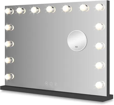 Image de Miroir de maquillage éclairé, 58x46 cm – Miroir de beauté noir style Hollywood | Miroir de table avec variateur d'intensité, équipé de 18 lampes LED, 3 modes d'éclairage et un miroir grossissant 10x | Miroir sur pied pour table de maquillage