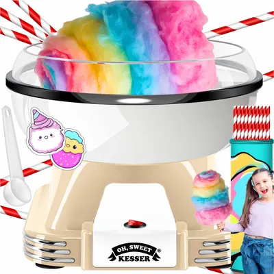 A rainbow cotton candy machine with accessories.