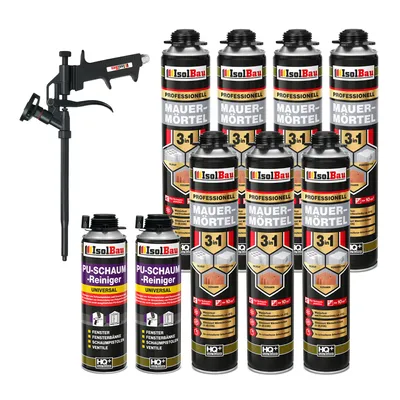 Produktbild von Isolbau Mauermörtel Pistolenschaum SET - Teflon Schaumpistole, 2 x PolyurethanReiniger Montageschaum Klebeschaum PolyurethanMörtel 7 x 750ml