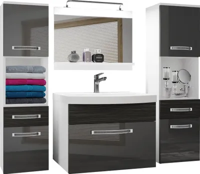 Produktbild von BELINI Badmöbel Vollausstattung Set Waschbeckenschrank, 2x Hochschrank, Waschbecken, Spiegel, Lampe (Silber / Ebenholz Royal, Glänzend und Matt)