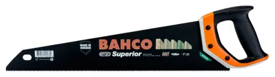 A Bahco handsaw with an orange and black handle, shown against a white background.