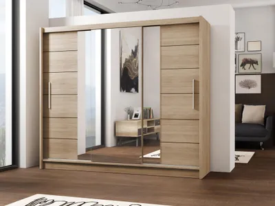 Produktbild von Krudox PRLN 250 cm Sonoma Schwebetürenschrank Mit Spiegel Breiten 200/250 cm Kleiderschrank Für Wohnzimmer Mit Kleiderstange Farben Weiß/Sonoma
