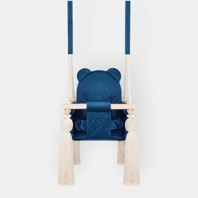 Produktbild von Indoor-Babyschaukel Dunkelblau aus Velvet – Mit Sicherheitsgurten, Teddybär-Design, Holzrahmen – Hergestellt in der EU