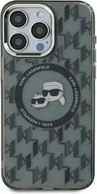 Image de Étui MagSafe pour Apple iPhone 15 - Coque arrière Karl Lagerfeld IML Monogram Karl & Choupette Head - Noir