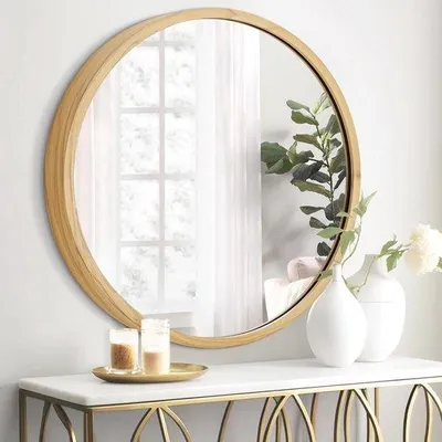 Image de Miroirs muraux en aluminium : miroirs ronds modernes pour la salle de bains, la chambre à coucher et le salon, en bois