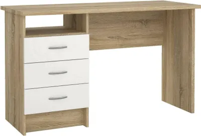 Produktbild von Linearer Schreibtisch mit drei Schubladen, Farbe Eiche weiß, Maße 120 x 72 x 48 cm