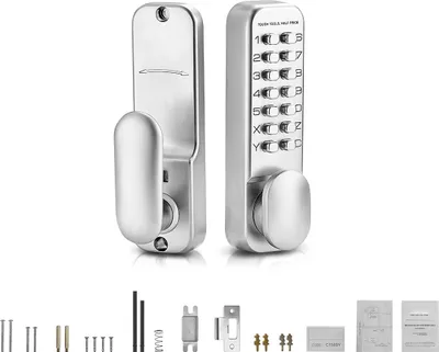 A product shot of a mechanical keyless door lock set, with accessories laid out below.