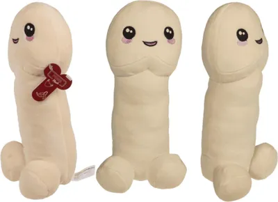 Three views of a plush toy penis.