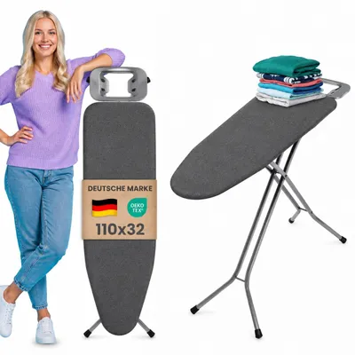 Produktbild von STAHLMANN® Bügelbrett schwarz [110x32 cm Bügelfläche] kompakt, 4-fach höhenverstellbar bis 88 cm, Baumwollbezug mit metallisierter Polsterung, nur 3,6 kg, klappbar,  Europe, Schwarz