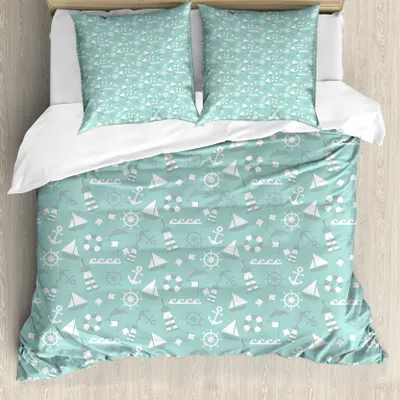 Produktbild von ABAKUHAUS maritim Bettbezug Set für Einzelbetten, Anker Boot Waves Dolphin, Milbensicher Allergiker geeignet mit Kissenbezug, 155 cm x 220 cm - 80 x 80 cm, Almond Green Sea Grün