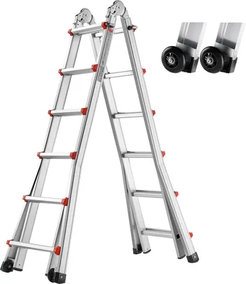 A silver, multi-purpose A-frame ladder is shown against a white background. Two black wheels are also visible in the upper right corner of the image.